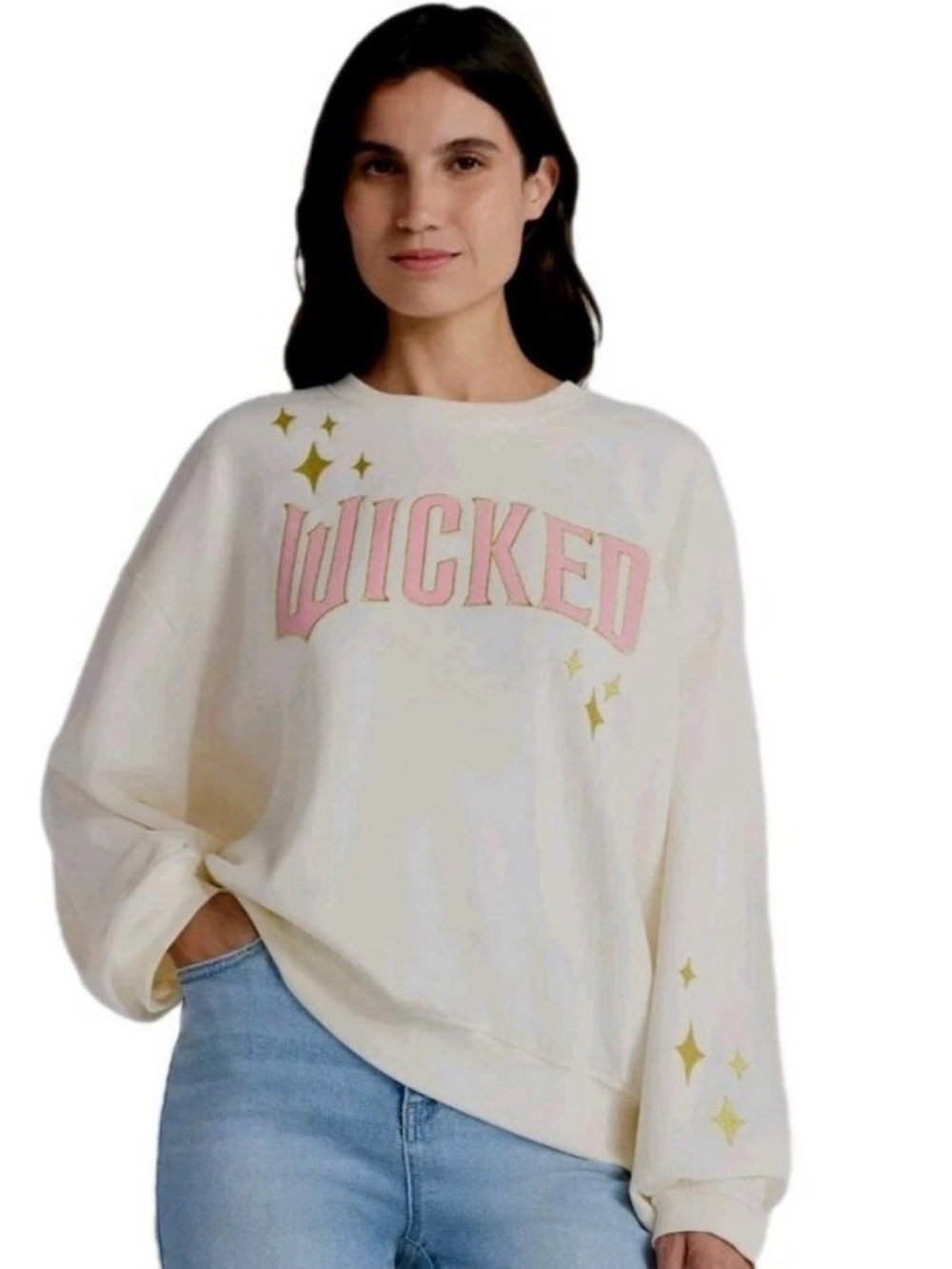 Wicked Movie Pink Logo Sweatshirt Gold Stars Graphic Pullover M